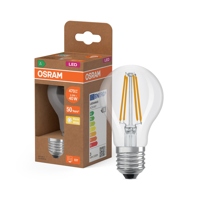 LED Classic A 40 Filament Energy efficiency class A 2.2W 827 Clear E27 Combo Shot = Product Beauty Shot + Packaging Image