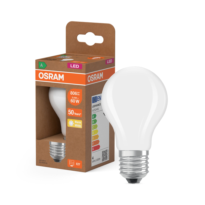 LED Classic A 60 Filament Energy efficiency class A 3.8W 827 Frosted E27 Combo Shot = Product Beauty Shot + Packaging Image