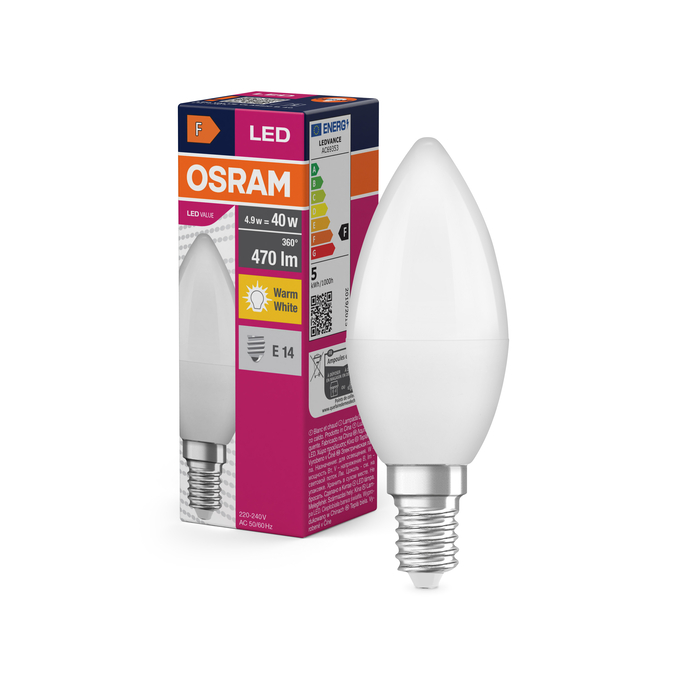 LED Value Classic B 40 4.9W 827 Frosted E14 Combo Shot = Product Beauty Shot + Packaging Image