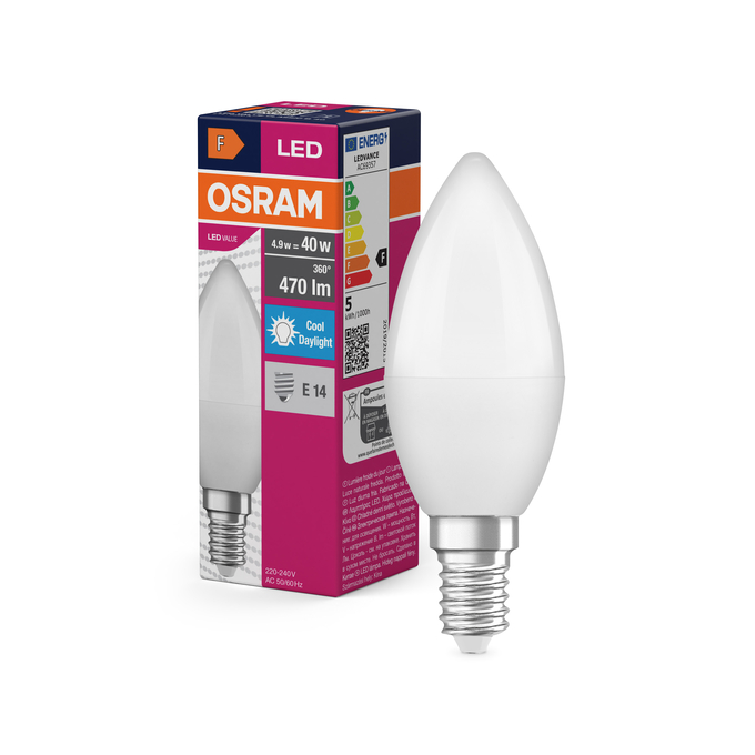 LED Value Classic B 40 4.9W 865 Frosted E14 Fotografie combinată = Fotografiede prezentare + Imagine cu ambalaj