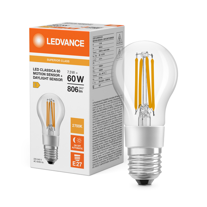 LED Classic A 60 Filament Motion & Daylight sensor S 7.3W 827 Clear E27 Fotografie combinată = Fotografiede prezentare + Imagine cu ambalaj