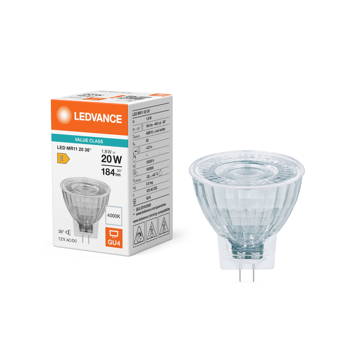 LED MR11 20 36° V 1.8W 840 GU4 Fotografie combinată = Fotografiede prezentare + Imagine cu ambalaj
