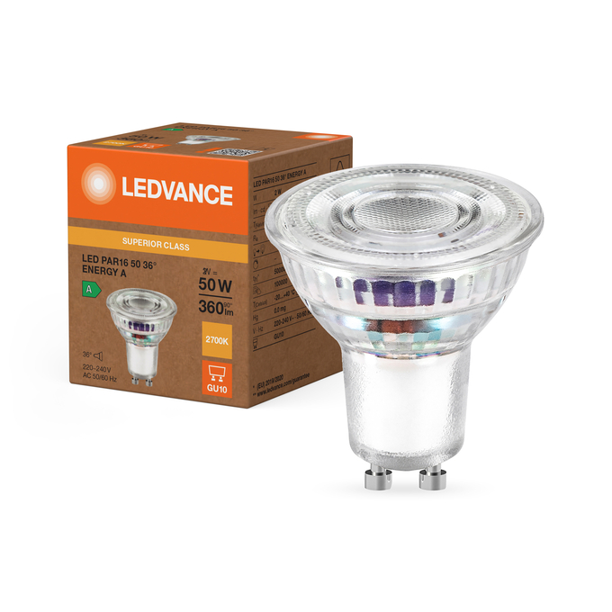 LED PAR16 50 36°  Energy efficiency class A S 2W 827 GU10 Kombinirani snimak = Slika proizvoda + slika pakiranja
