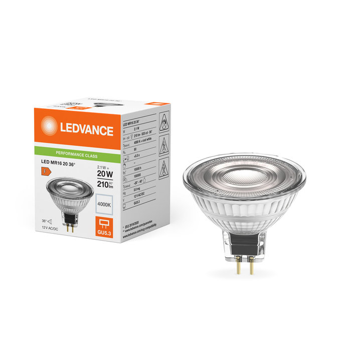 LED MR16 20 36° P 2.1W 840 GU5.3 Fotografie combinată = Fotografiede prezentare + Imagine cu ambalaj