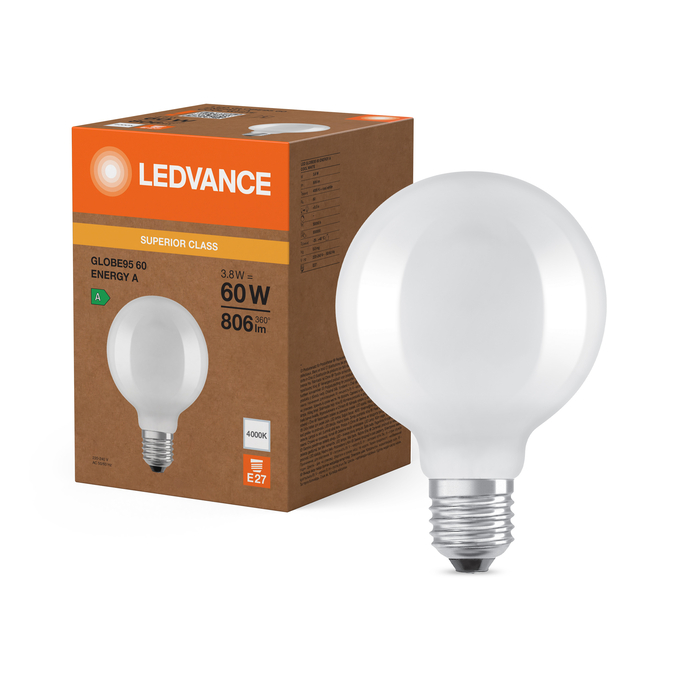 LED Classic Globe 95 60 Filament Energy efficiency class A S 3.8W 840 Frosted E27 Fotografie combinată = Fotografiede prezentare + Imagine cu ambalaj