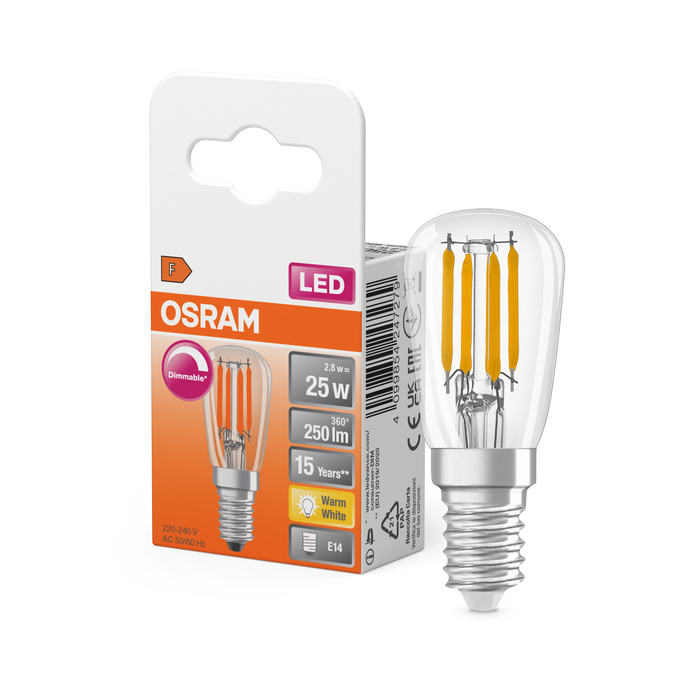 LED Special T26 25 300° Filament DIM 2.8W 827 Clear E14 Fotografie combinată = Fotografiede prezentare + Imagine cu ambalaj