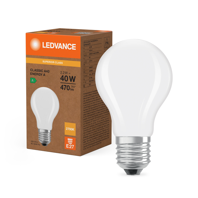 LED Classic A 40 Filament Energy efficiency class A S 2.2W 827 Frosted E27 Kombinirani snimak = Slika proizvoda + slika pakiranja