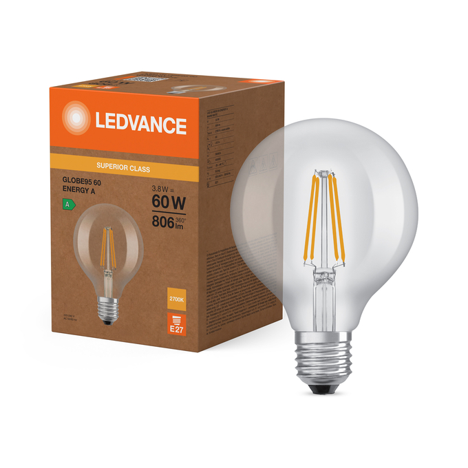 LED Classic Globe 95 60 Filament Energy efficiency class A S 3.8W 827 Clear E27 Fotografie combinată = Fotografiede prezentare + Imagine cu ambalaj
