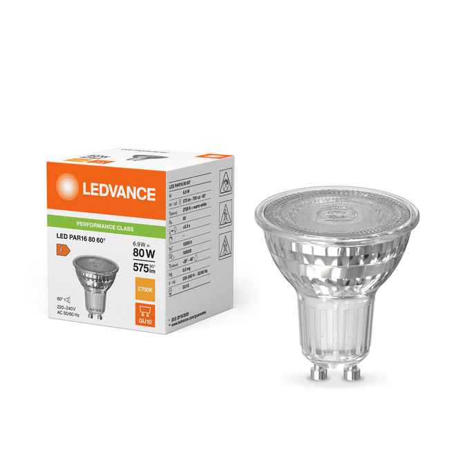 LED PAR16 80 60° P 6.9W 827 GU10 Fotografie combinată = Fotografiede prezentare + Imagine cu ambalaj