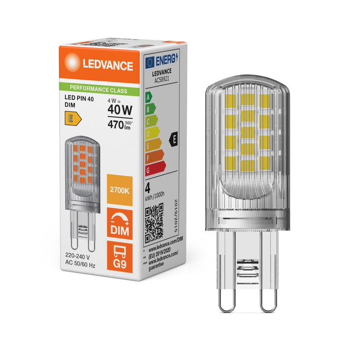 LED PIN 40 300° DIM P 4W 827 Clear G9 Fotografie combinată = Fotografiede prezentare + Imagine cu ambalaj