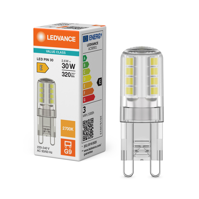 LED PIN 30 300° V 2.6W 827 Clear G9 Fotografie combinată = Fotografiede prezentare + Imagine cu ambalaj