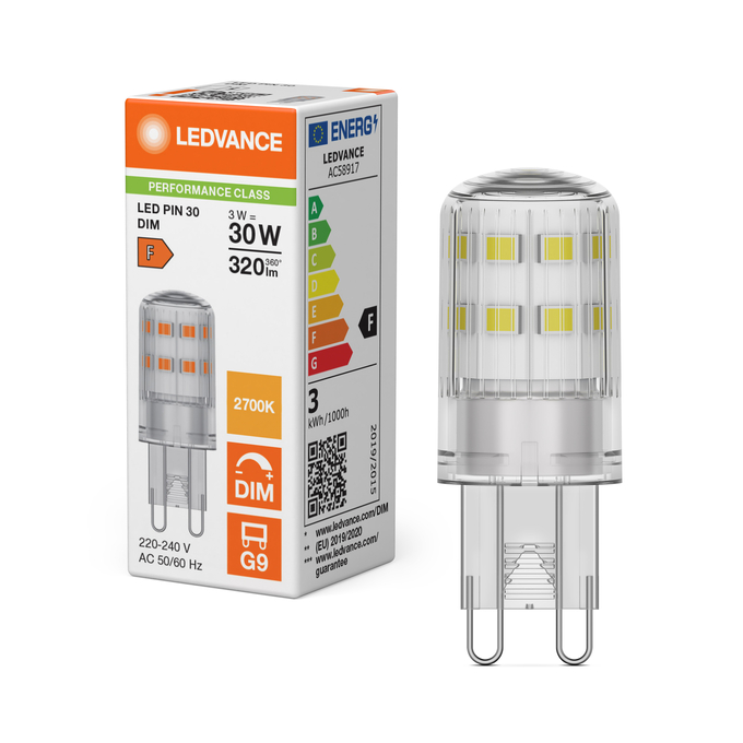 LED PIN 30 300° DIM P 3W 827 Clear G9 Fotografie combinată = Fotografiede prezentare + Imagine cu ambalaj