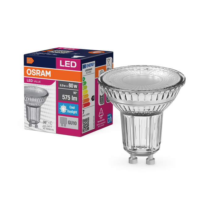 LED Value PAR16 80 36° 6.9W 865 GU10 Fotografie combinată = Fotografiede prezentare + Imagine cu ambalaj