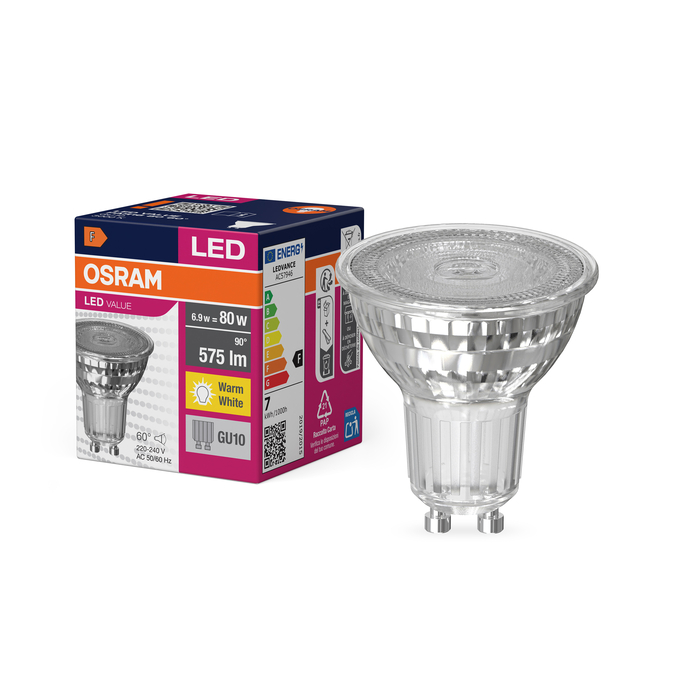 LED Value PAR16 80 60° 6.9W 830 GU10 Fotografie combinată = Fotografiede prezentare + Imagine cu ambalaj