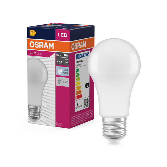 LED Value Classic A 100 13W 840 Frosted E27 Fotografie combinată = Fotografiede prezentare + Imagine cu ambalaj
