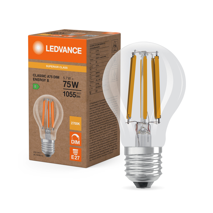 LED Classic A 75 Filament DIM Energy efficiency class B S 5.7W 827 Clear E27 Fotografie combinată = Fotografiede prezentare + Imagine cu ambalaj