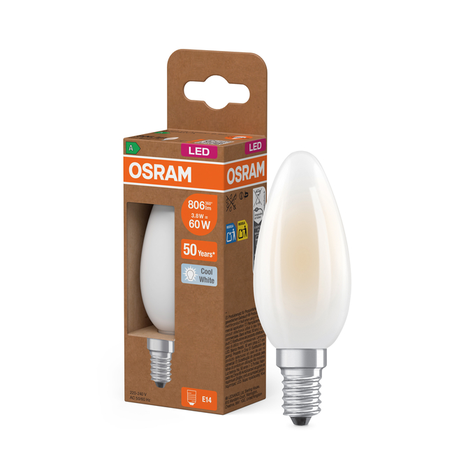 LED Classic B 60 Filament Energy efficiency class A 3.8W 840 Frosted E14 Kombinirani snimak = Slika proizvoda + slika pakiranja