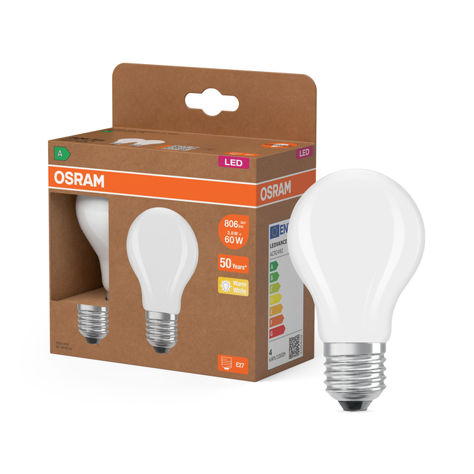 LED Classic A 60 Filament Energy efficiency class A 3.8W 827 Frosted E27 Kombinirani snimak = Slika proizvoda + slika pakiranja