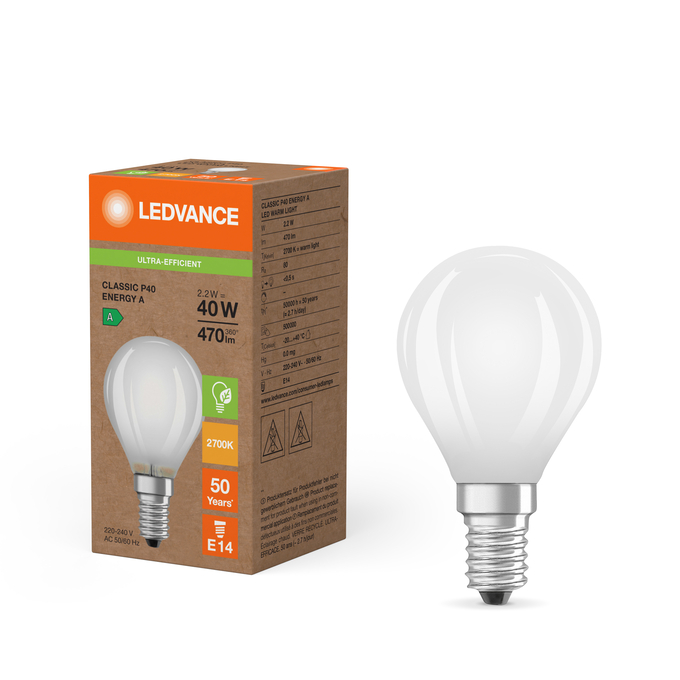 LED Classic P 40 Filament Energy efficiency class A S 2.2W 827 Frosted E14 Kombinirani snimak = Slika proizvoda + slika pakiranja
