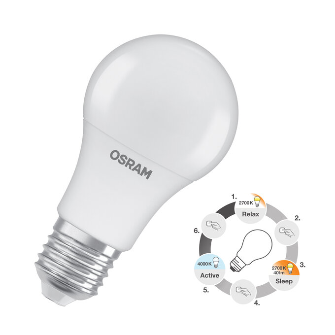 LED Superstar classic A 40 Relax/Active/Sleep  4.9W 827/840 Frosted E27 3x click  white, diagonal, alternat