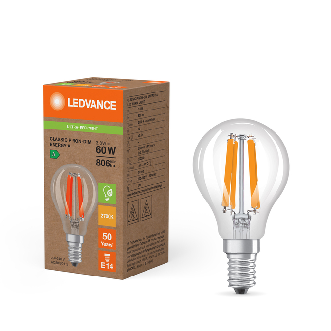 LED Classic P 60 Filament Energy efficiency class A S 3.8W 827 Clear E14 Fotografie combinată = Fotografiede prezentare + Imagine cu ambalaj