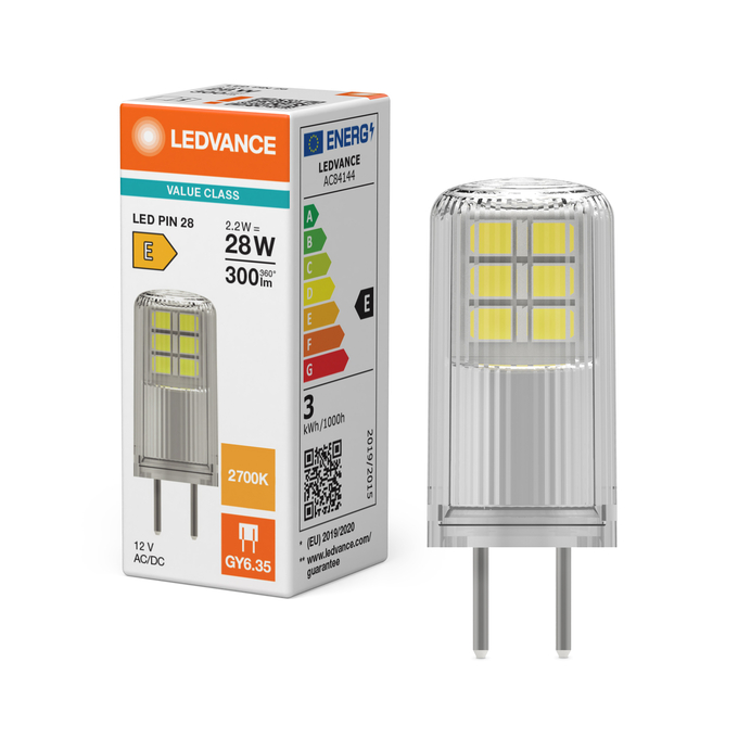 LED PIN 28 320° V 2.2W 827 Clear GY6.35 Fotografie combinată = Fotografiede prezentare + Imagine cu ambalaj