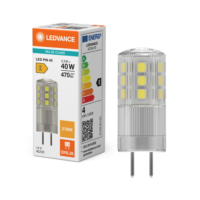 LED PIN 40 320° V 3.3W 827 Clear GY6.35 Fotografie combinată = Fotografiede prezentare + Imagine cu ambalaj