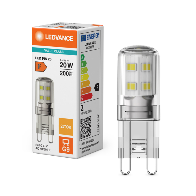 LED PIN 20 300° V 1.9W 827 Clear G9 Fotografie combinată = Fotografiede prezentare + Imagine cu ambalaj