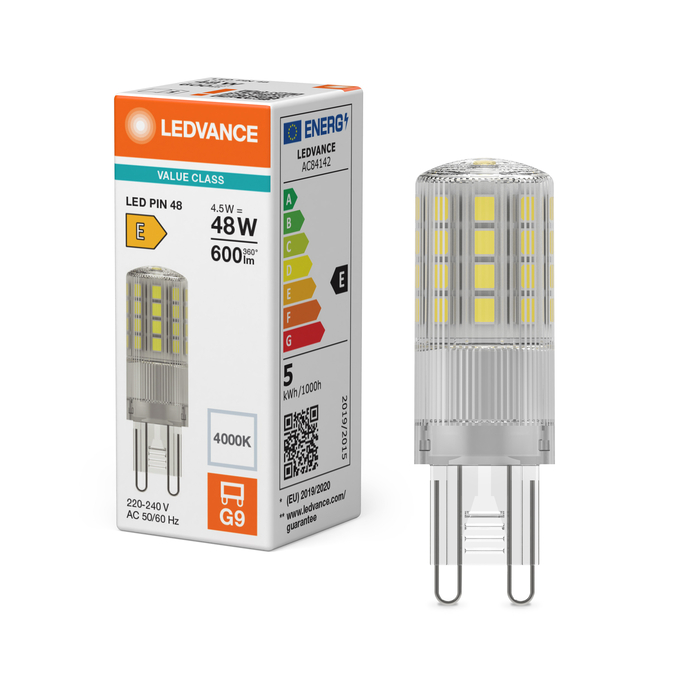 LED PIN 48 320° V 4.5W 840 Clear G9 Fotografie combinată = Fotografiede prezentare + Imagine cu ambalaj