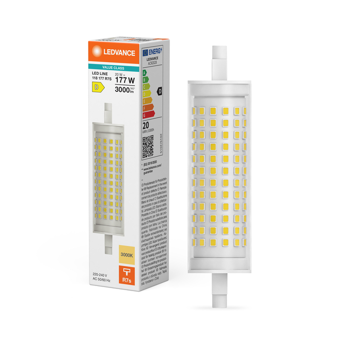 LED Line 118 177 300° V 20W 830 Clear R7s Fotografie combinată = Fotografiede prezentare + Imagine cu ambalaj