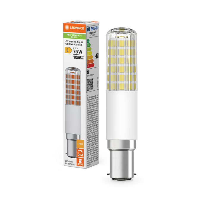 LED T Slim 75 320° DIM P 8W 827 Clear B15d Kombinirani snimak = Slika proizvoda + slika pakiranja