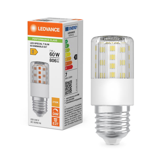 LED T Slim 60 320° DIM P 7W 827 Clear E27 Kombinirani snimak = Slika proizvoda + slika pakiranja