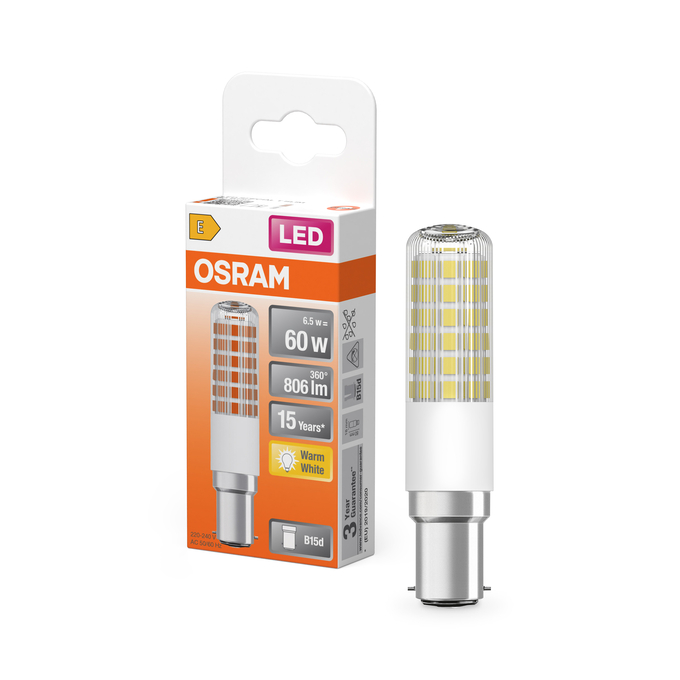 LED T Slim 60 320° 6.5W 827 Clear B15d Fotografie combinată = Fotografiede prezentare + Imagine cu ambalaj