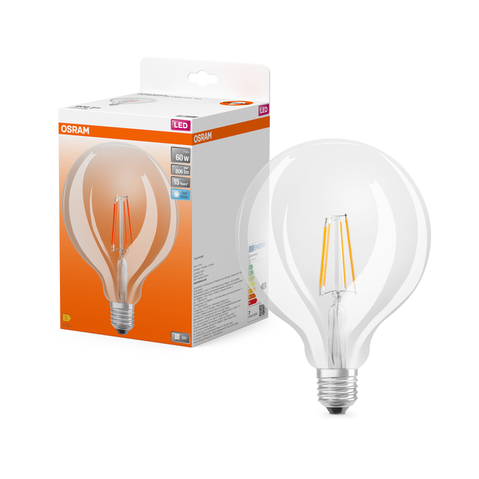 LED Star Globe 125 60 Filament 7W 840 Clear E27 Combo Shot = Product Beauty Shot + Packaging Image