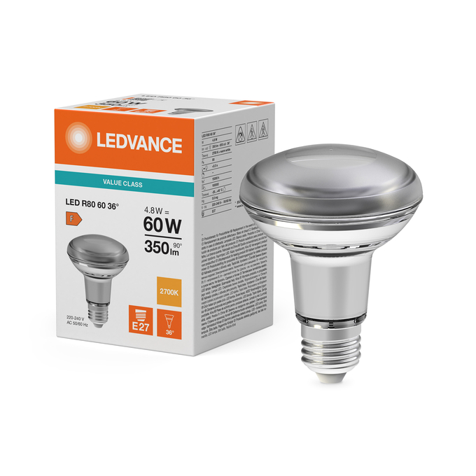 LED R80 60 36° V 4.8W 827 E27 Kombinirani snimak = Slika proizvoda + slika pakiranja