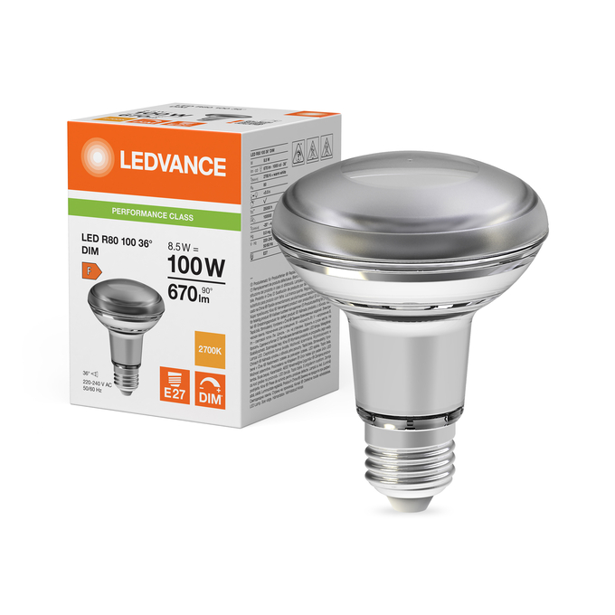 LED R80 100 36° DIM P 8.5W 827 E27 Fotografie combinată = Fotografiede prezentare + Imagine cu ambalaj