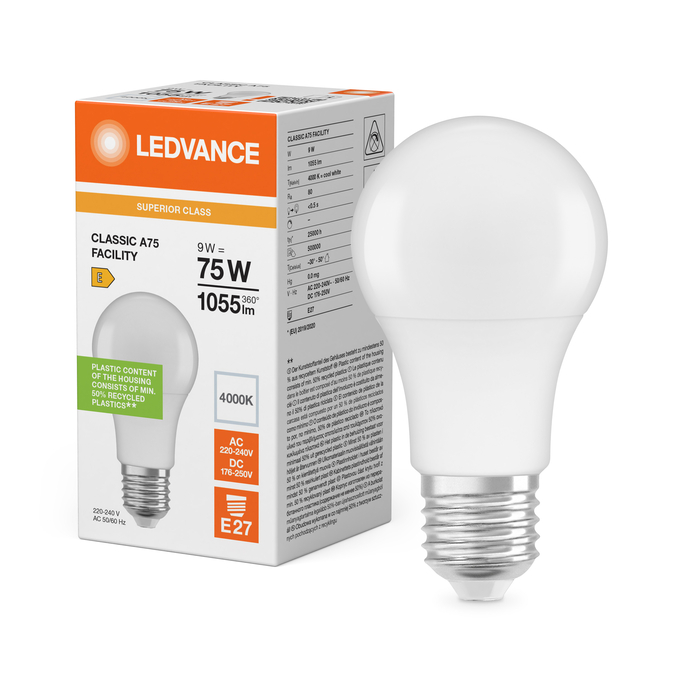 LED Classic A 75 Facility S 9W 840 Frosted E27 Fotografie combinată = Fotografiede prezentare + Imagine cu ambalaj