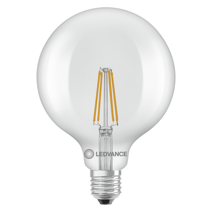LED Classic Globe 125 60 Filament V 5.9W 827 Clear E27 white, upright, LEDVANCE logo