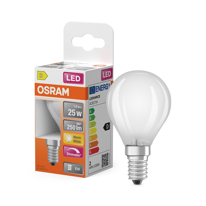 LED Superstar Classic P 25 Filament DIM 1.8W 827 Frosted E14 Combo Shot = Product Beauty Shot + Packaging Image
