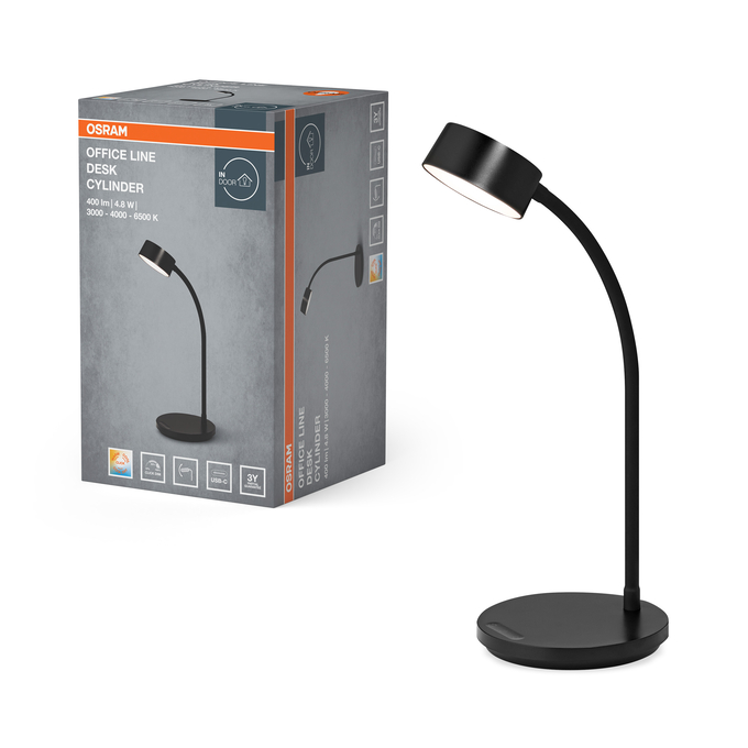 Office Line Desk Cylinder 4.8W CCT Dimmable Black Kombinirani snimak = Slika proizvoda + slika pakiranja