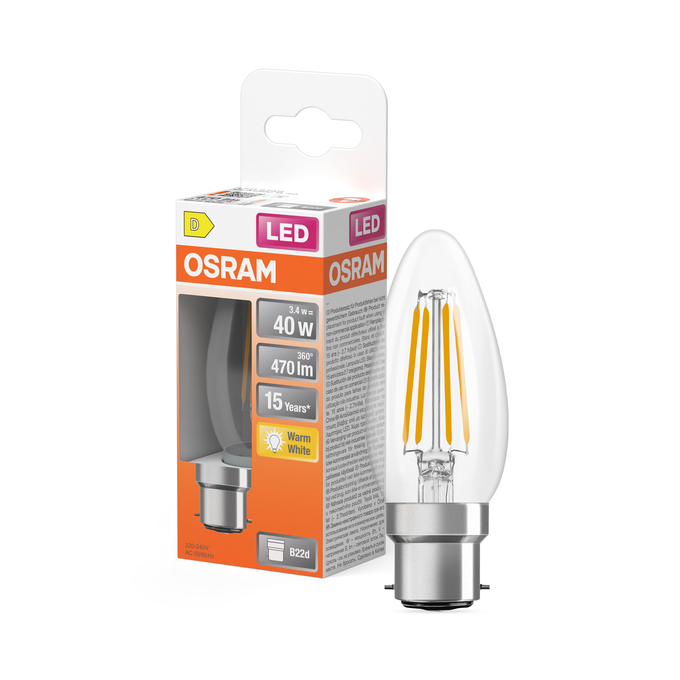 LED Star Classic B 40 Filament 3.4W 827 Clear B22d Fotografie combinată = Fotografiede prezentare + Imagine cu ambalaj