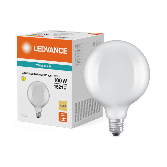 LED Classic Globe 125 100 Filament V 11W 830 Frosted E27 Fotografie combinată = Fotografiede prezentare + Imagine cu ambalaj