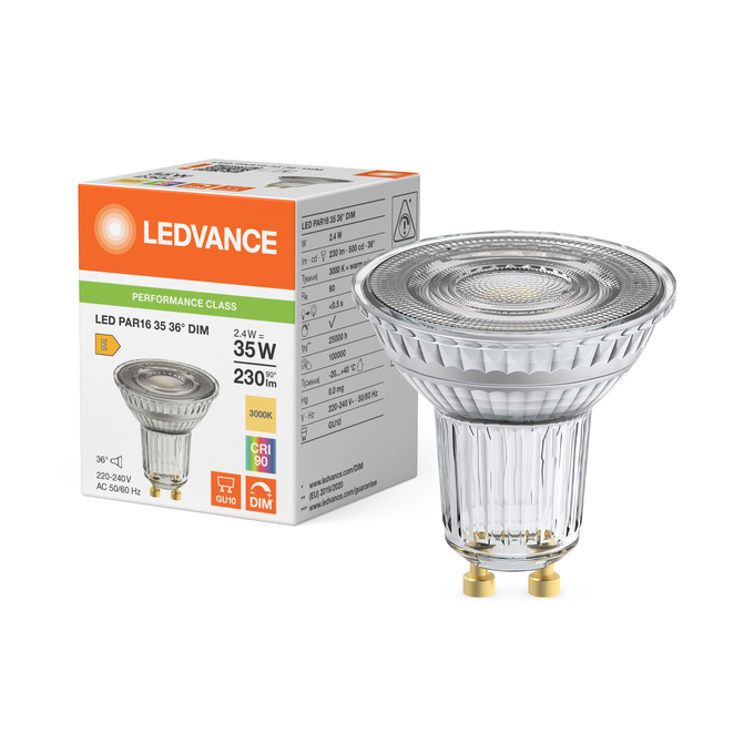 LED PAR16 35 36° DIM P 2.4W 930 GU10 Fotografie combinată = Fotografiede prezentare + Imagine cu ambalaj