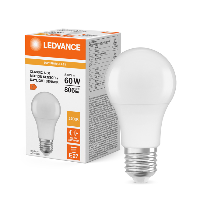 LED Classic A 60 Motion Sensor S 8.8W 827 Frosted E27 Fotografie combinată = Fotografiede prezentare + Imagine cu ambalaj