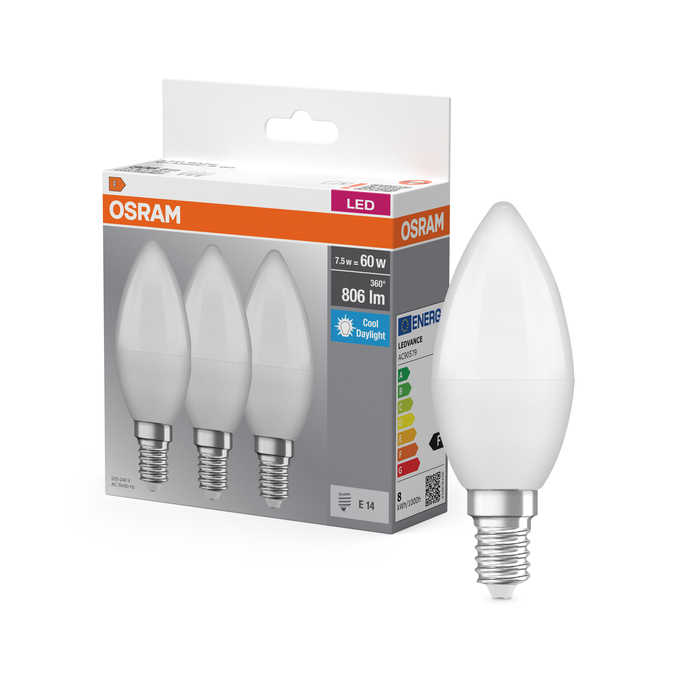 CLASSIC B 60W LED BULB 6.8W 827 Frosted E14 Triple Pack Fotografie combinată = Fotografiede prezentare + Imagine cu ambalaj