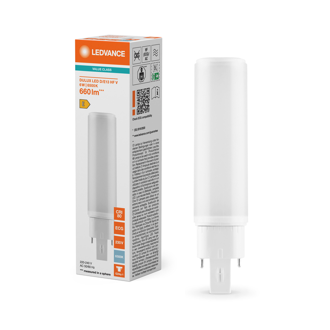 DULUX LED D/E13 HF & AC MAINS VALUE 6W 865 G24Q-1  Fotografie combinată = Fotografiede prezentare + Imagine cu ambalaj