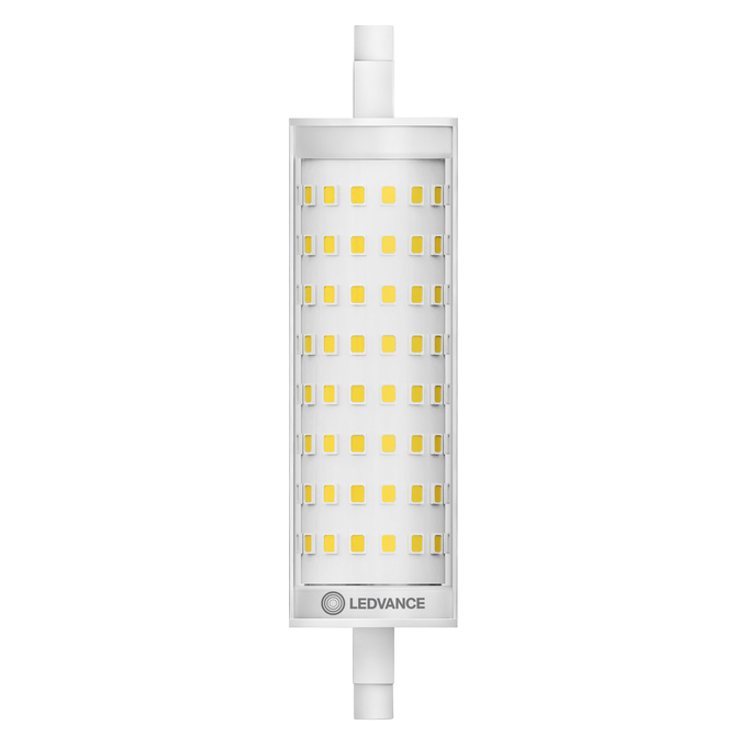 LED Line 118 125 300° V 15W 827 Clear R7s white, upright, LEDVANCE logo