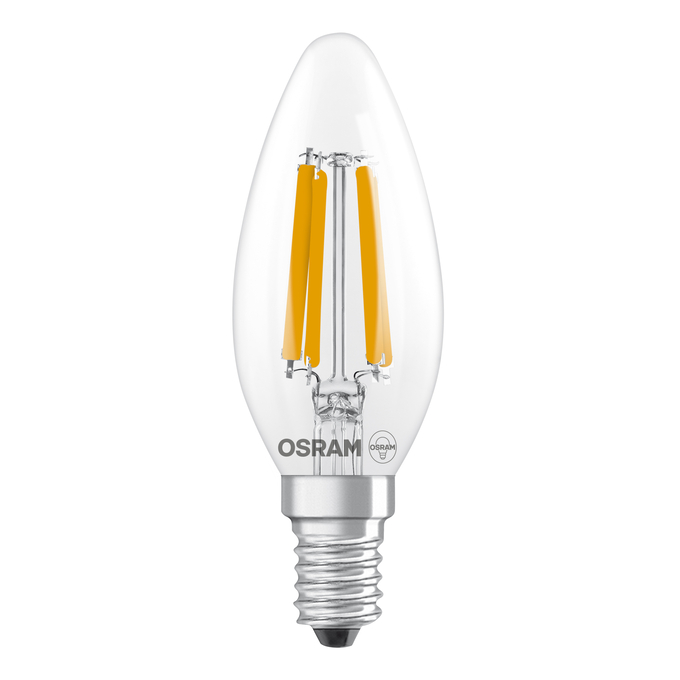 LED Classic B 40 Filament Energy efficiency class A 2.2W 827 Clear E14 white, upright, OSRAM logo