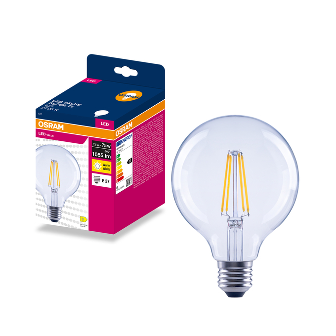 LED Globe 95 75 Filament 7.5W 2700K Clear E27 Kombinirani snimak = Slika proizvoda + slika pakiranja