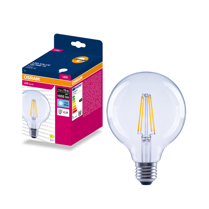 LED Globe 95 75 Filament 7.5W 4000K Clear E27 Fotografie combinată = Fotografiede prezentare + Imagine cu ambalaj